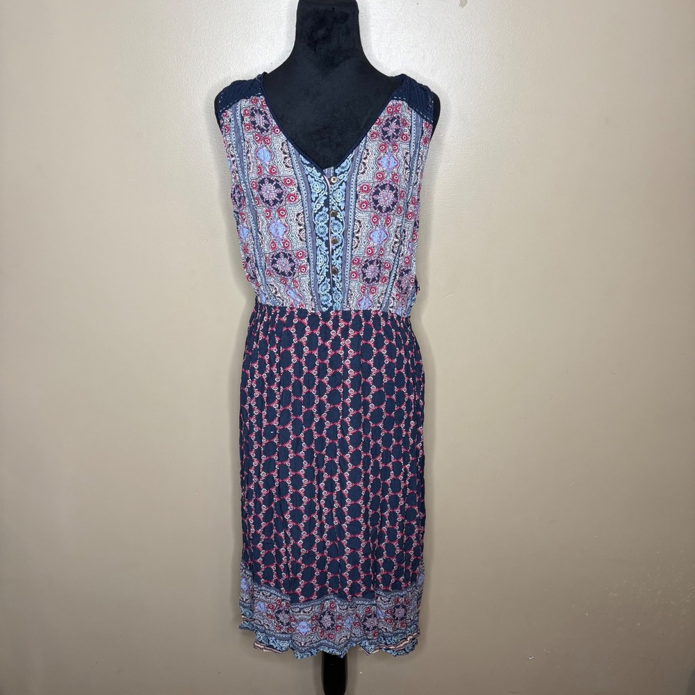 NEW Artesia Women Dress Medium Midnight Blue Boho Mixed Print Crochet Lace Midi